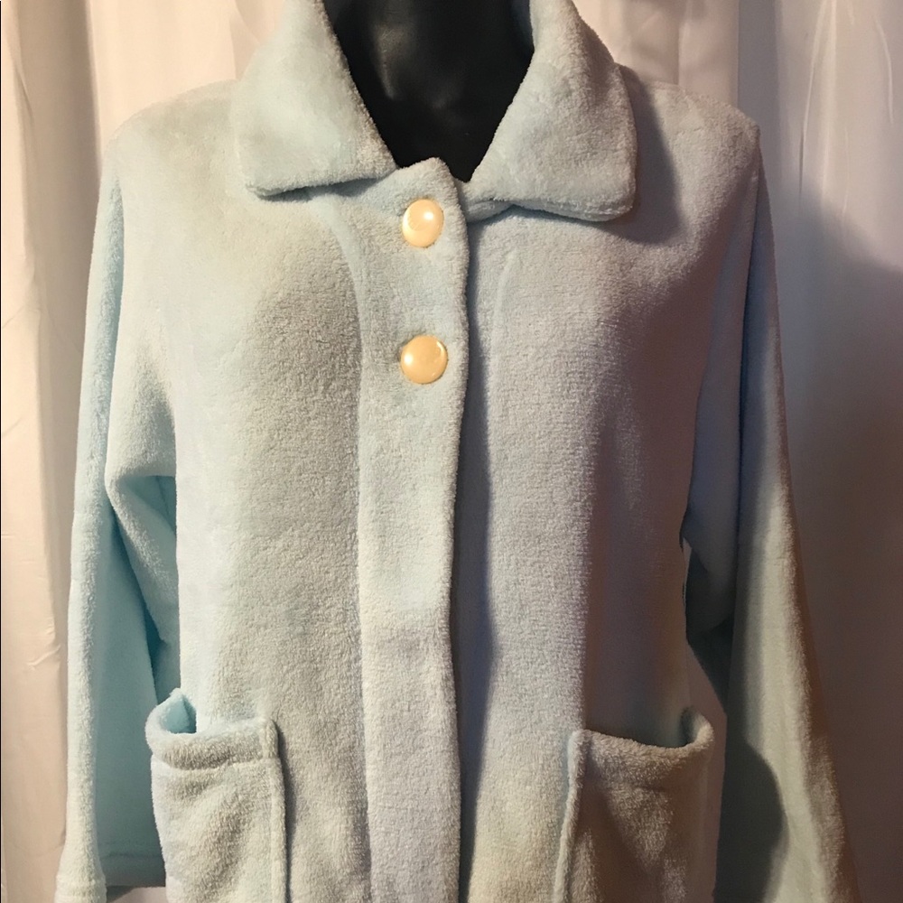 New House Coat Large Soft Casual Moments Plush Polyester pockets buttons blue